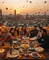A traditional rooftop feast overlooking Lahore at dusk during Basant season