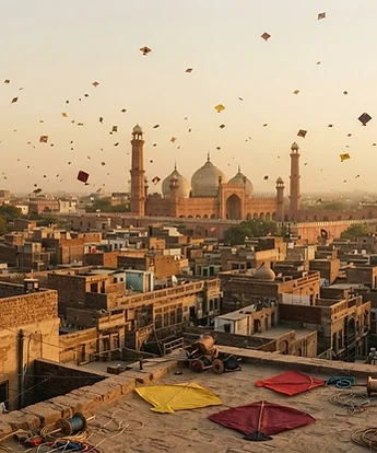 An imagined Basant sky filled with colorful kites above Lahore historic skyline at sunset