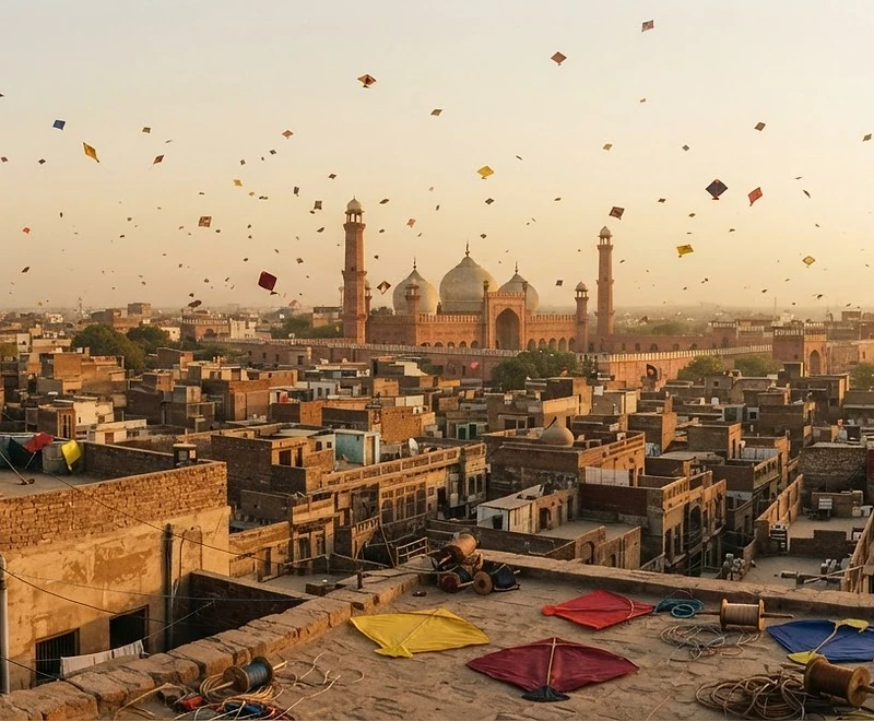 An imagined Basant sky filled with colorful kites above Lahore's historic skyline at sunset