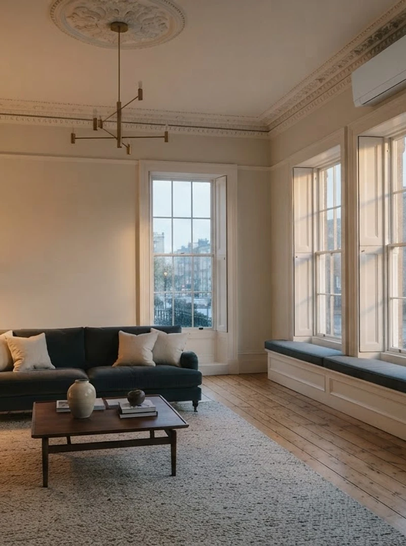 Minimalist Victorian Dublin drawing room with a discreet air-to-air unit