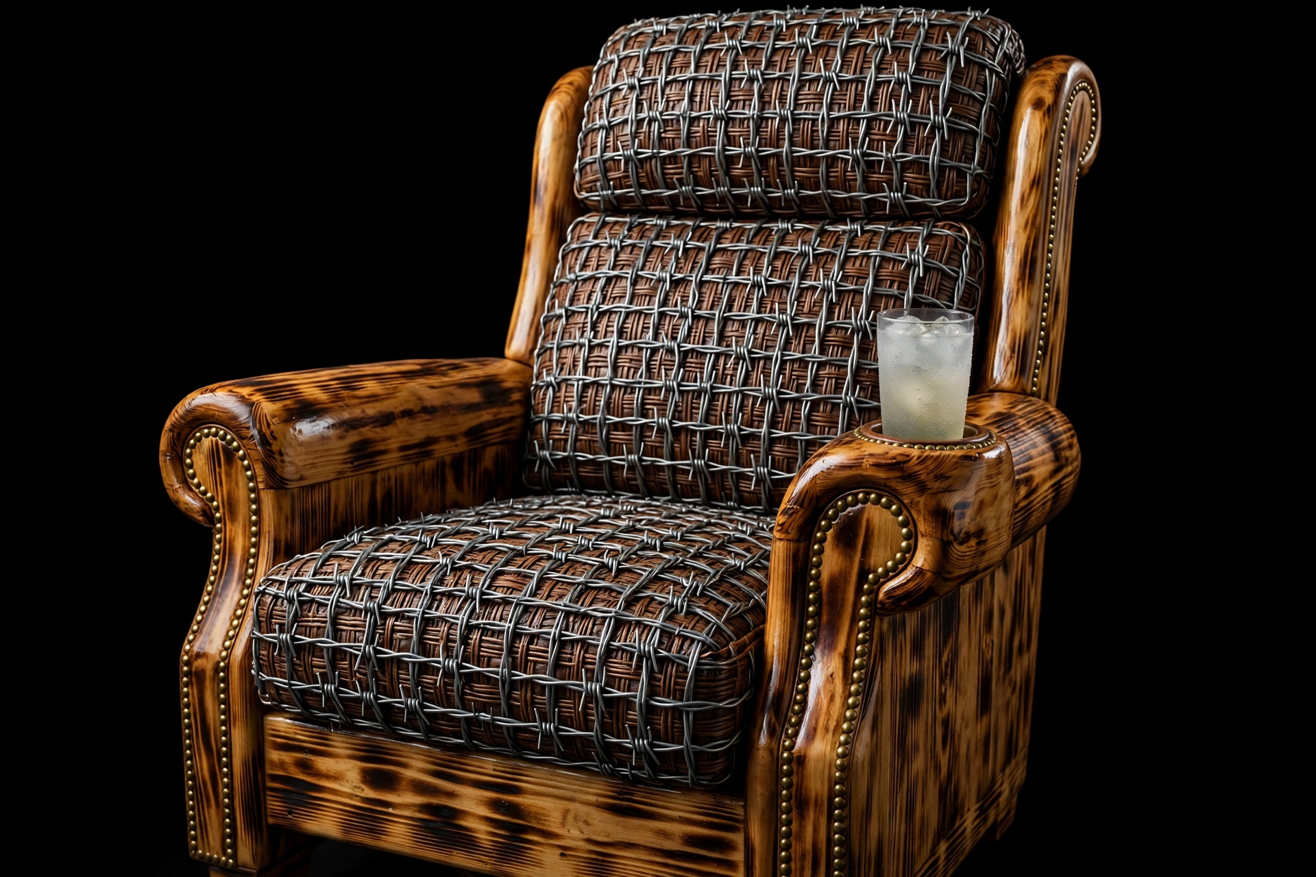Charred wood recliner with barbed-wire cushions and a cold drink on the armrest