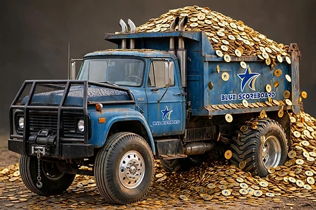 Blue Scoreboard dump truck heaped with branded coins