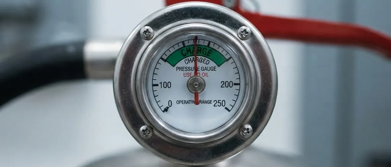Fire extinguisher pressure gauge showing the needle in the green zone