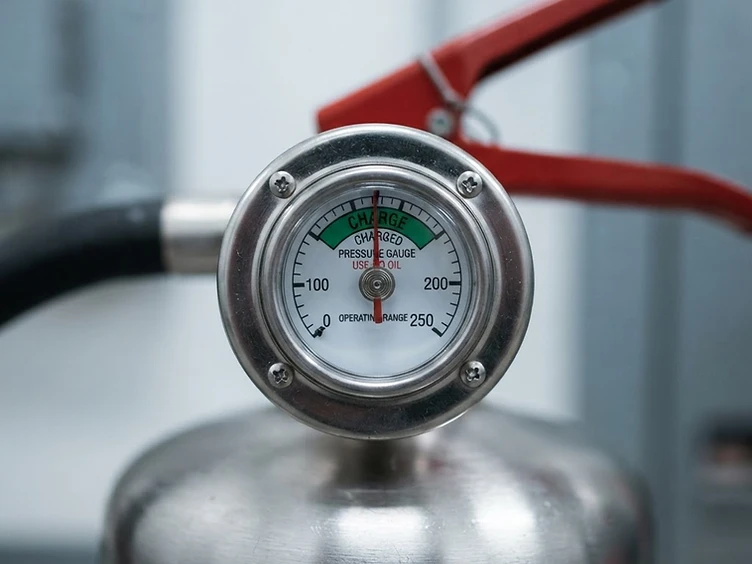 Fire extinguisher pressure gauge showing green zone