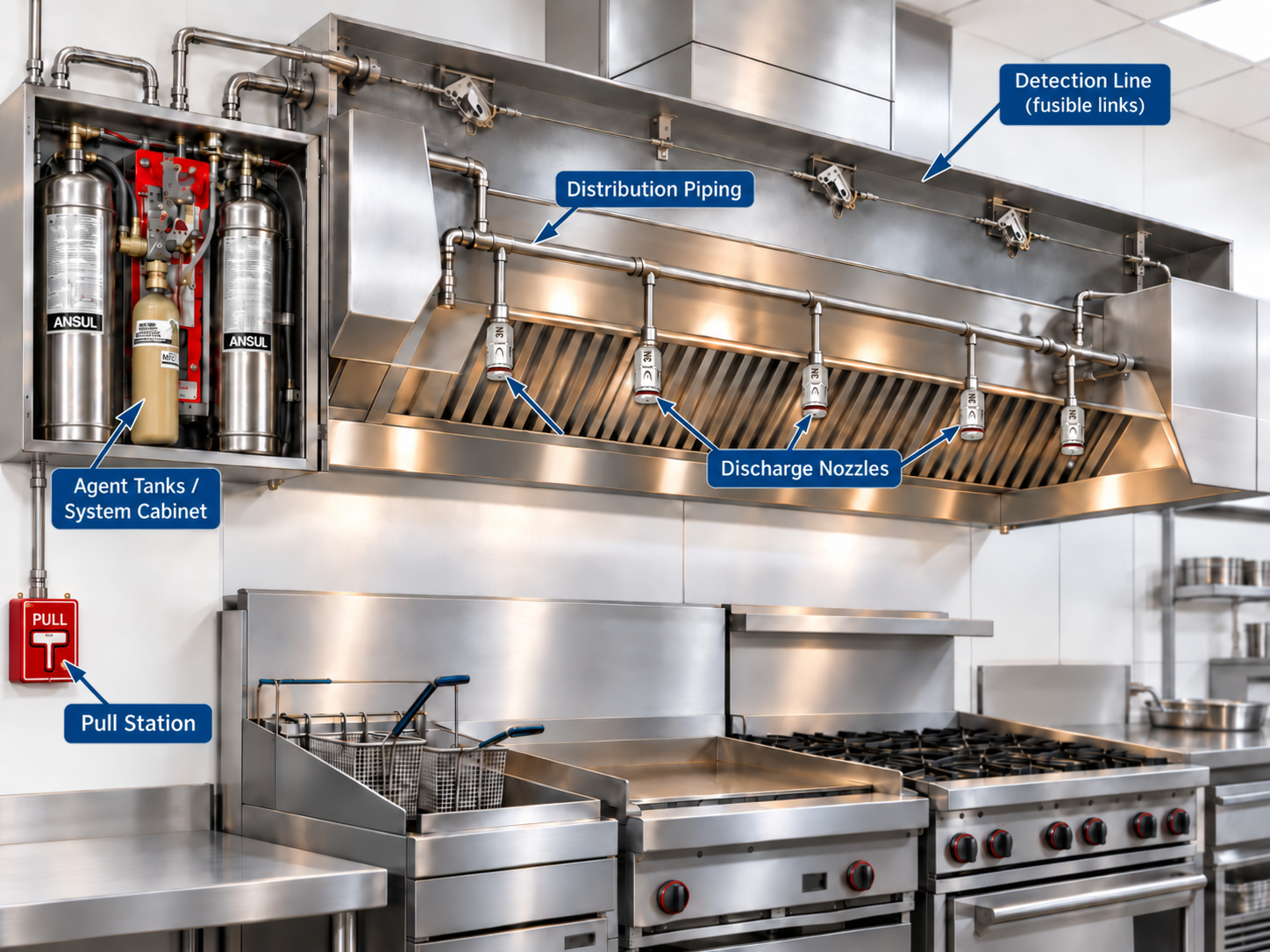 Diagram of an Ansul restaurant hood fire suppression system with agent tanks, detection line, distribution piping, discharge nozzles, and pull station