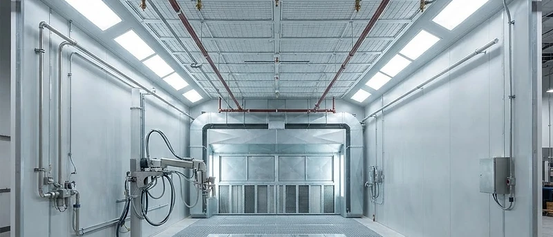 Industrial spray booth with overhead fire suppression system