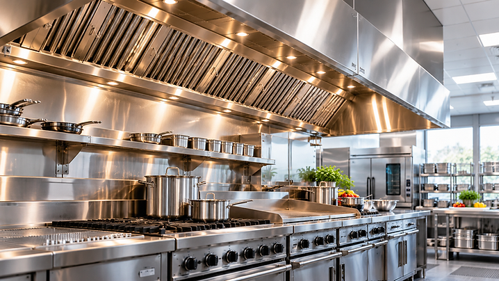 Professional stainless steel restaurant hood and cooking line