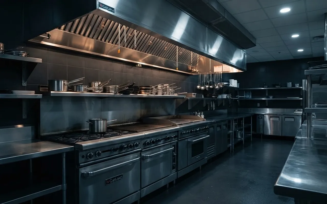Professional commercial kitchen with stainless steel hood fire suppression system