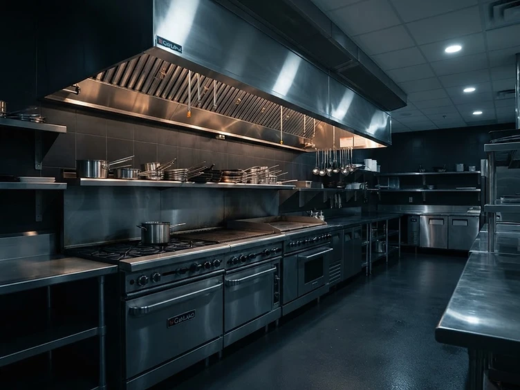 Professional commercial kitchen with hood fire suppression system