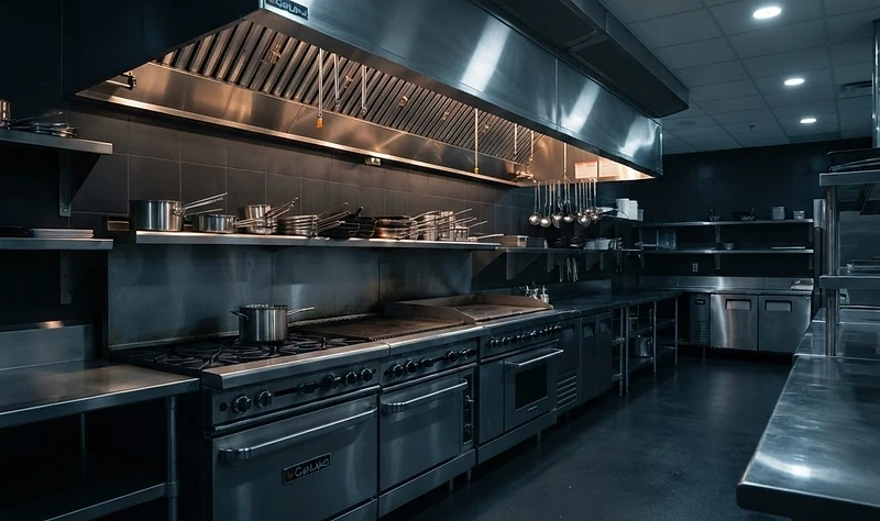Professional commercial kitchen with stainless steel hood fire suppression system