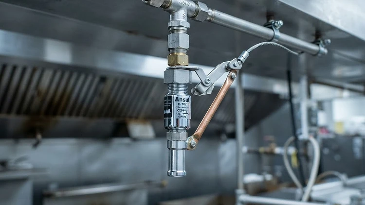 Kitchen hood fire suppression nozzle and piping