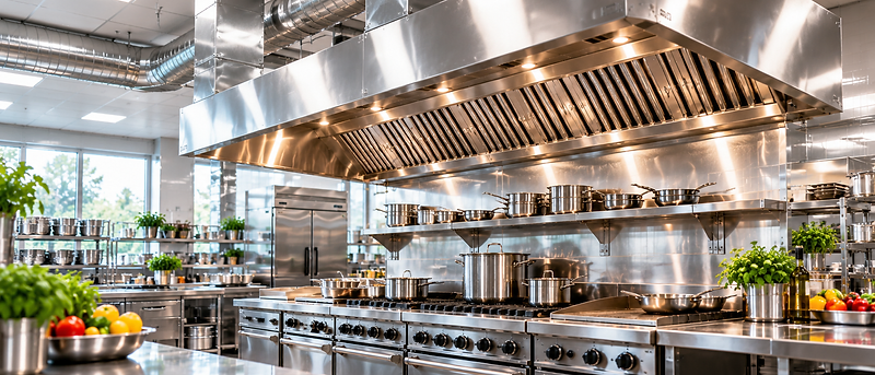 Commercial kitchen hood and exhaust system in a clean professional restaurant kitchen