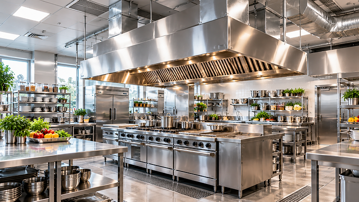 Modern commercial kitchen with stainless steel ventilation hood system