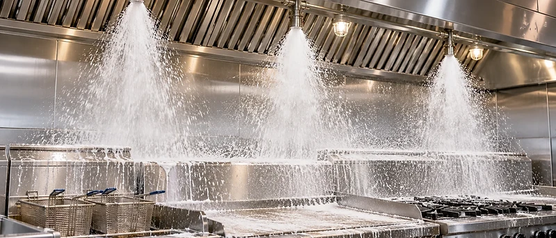 Commercial kitchen fire suppression nozzles discharging wet chemical agent over cooking appliances.