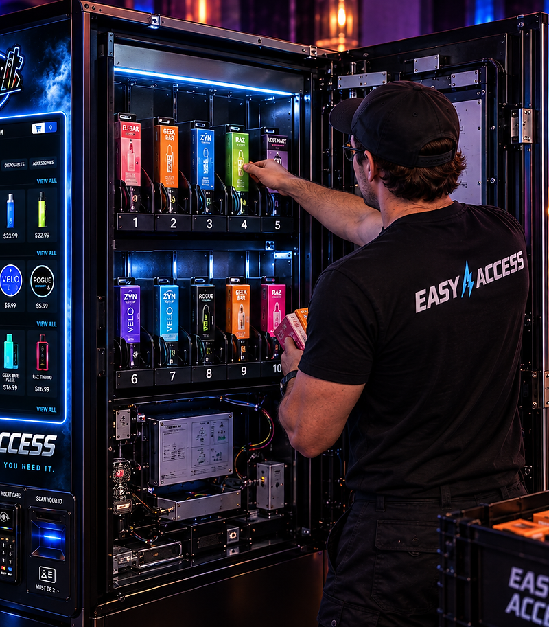 An EASY ACCESS operator restocking a smart vending machine in a lounge