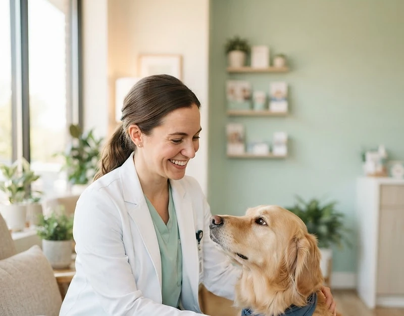 Smiling clinician beside a therapy dog