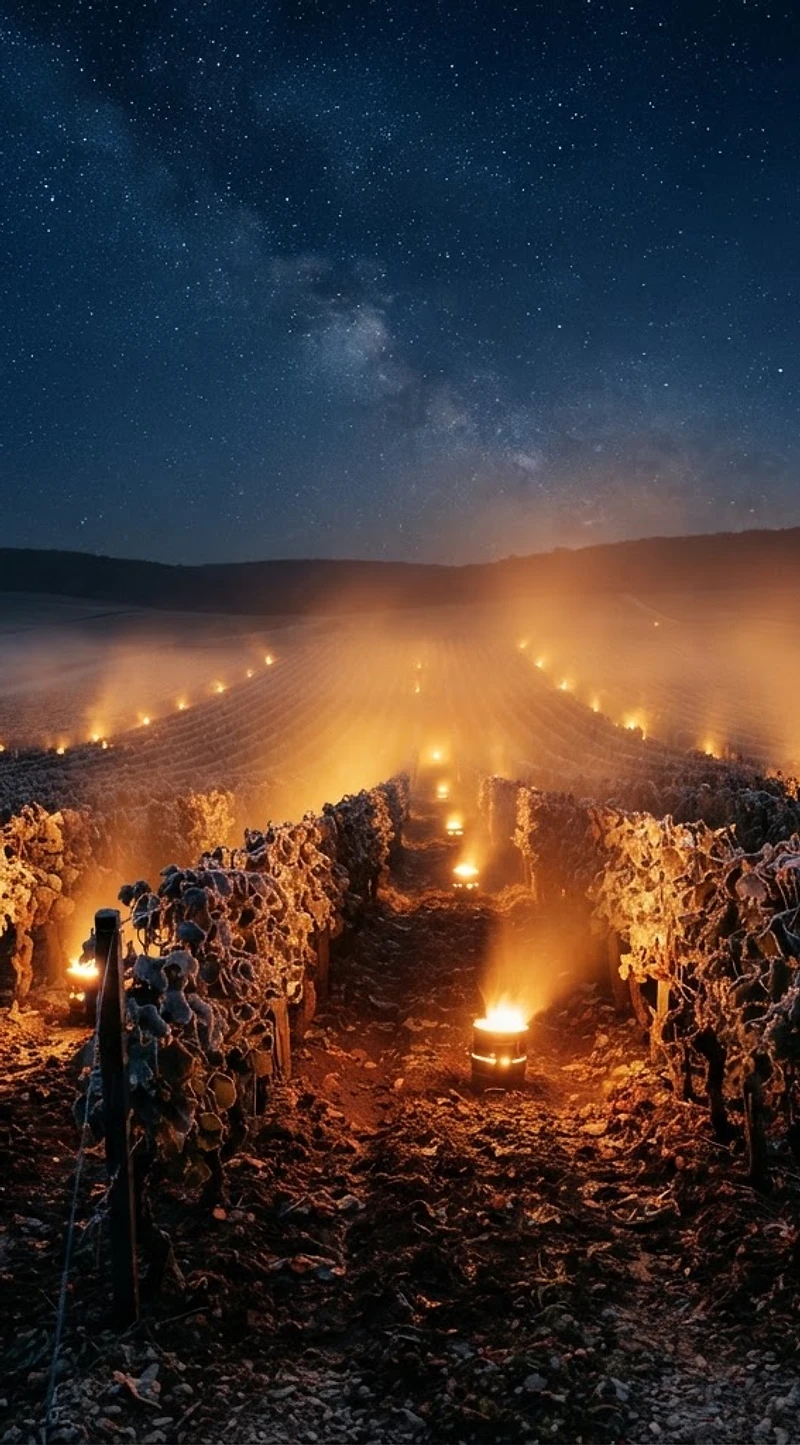 Nuit de gel dans un vignoble éclairé par les bougies antigel