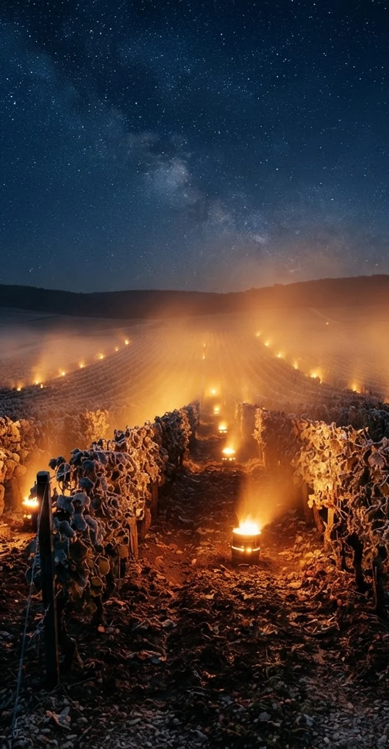 Nuit de gel dans un vignoble éclairé par les bougies antigel