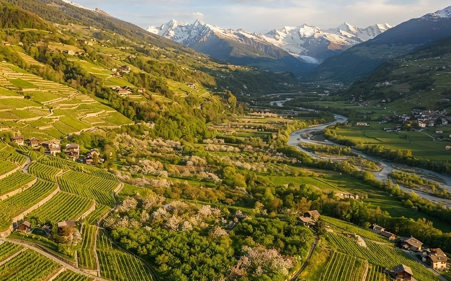 Vignes en terrasses et vergers d'abricotiers du Valais
