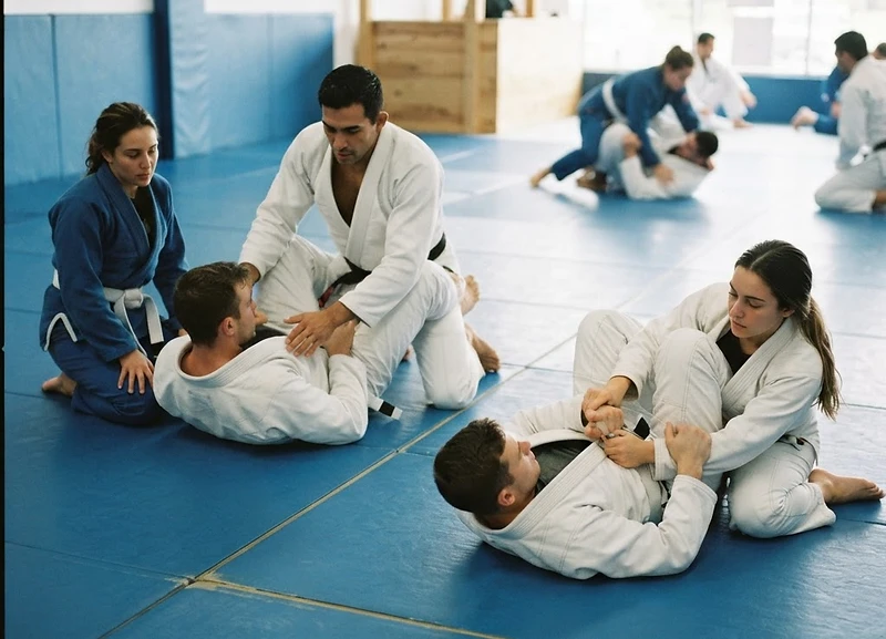 Brazilian Jiu-Jitsu grappling practice on mats at Pulborough MMA Nova Forca