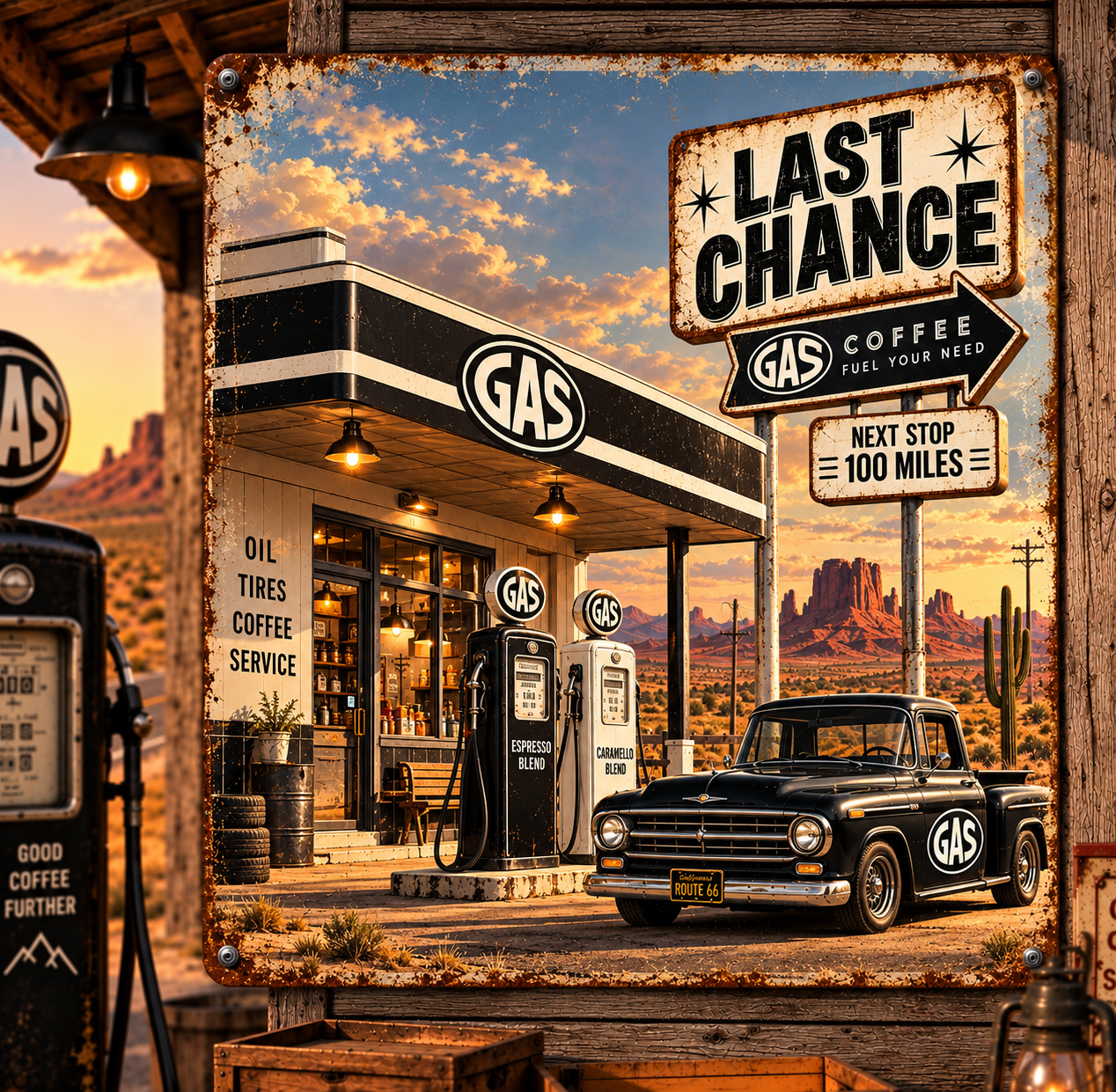 Vintage GAS Coffee desert gas station at sunset