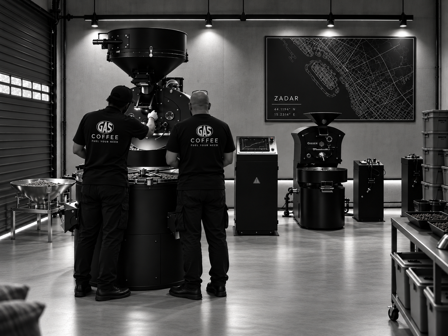 GAS Coffee roastery — two roasters operating a large industrial coffee roaster