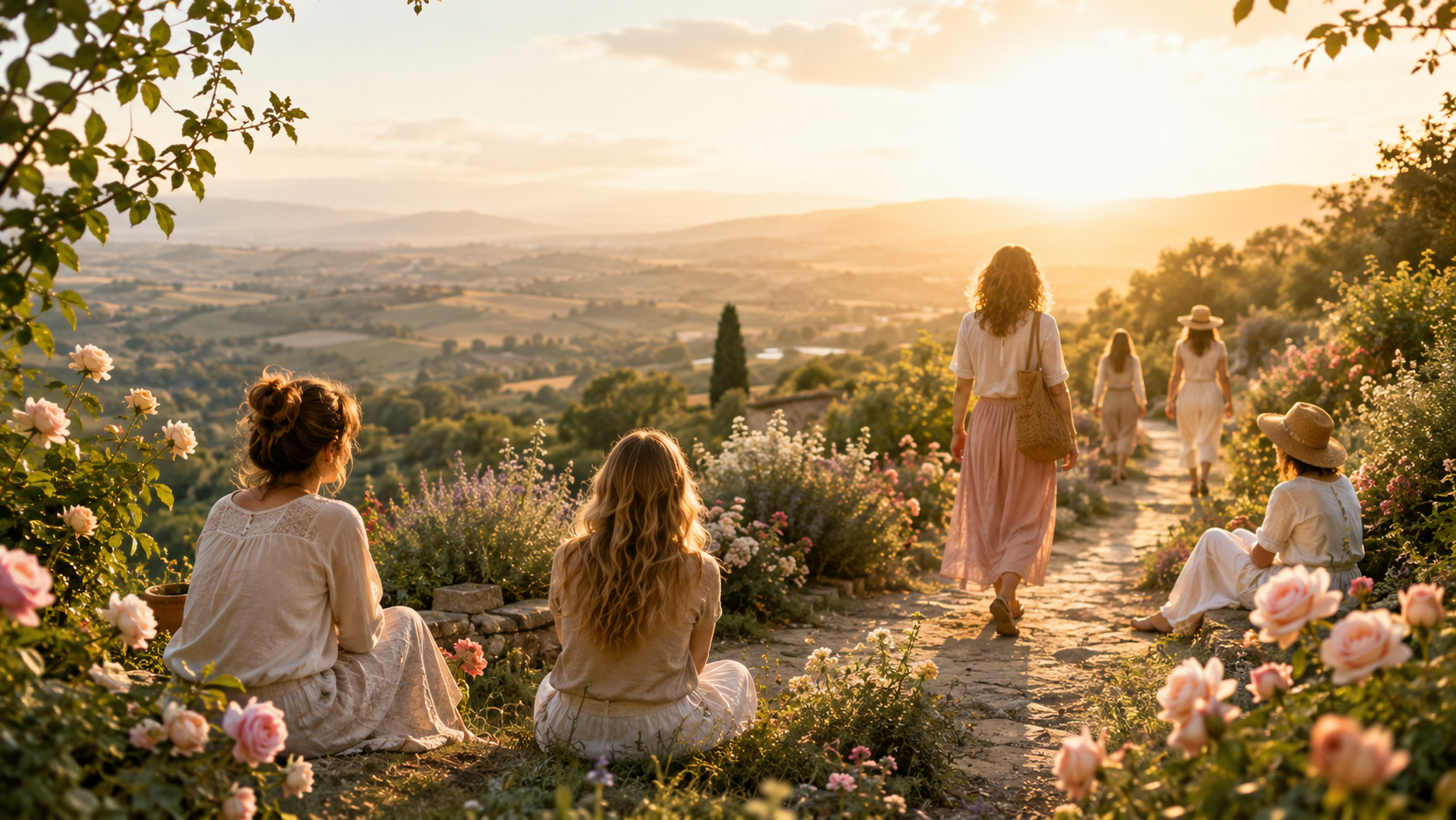 Femmes avançant ensemble sur un chemin au coucher du soleil