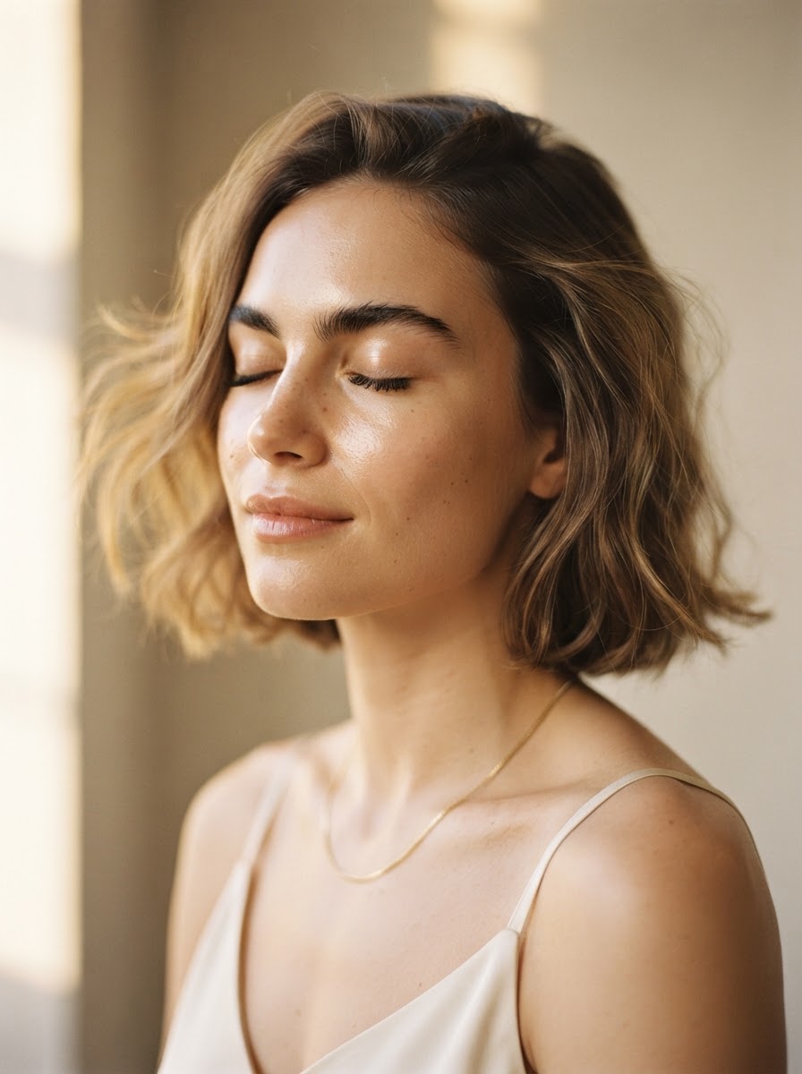 Editorial beauty portrait with natural skin and soft warm light