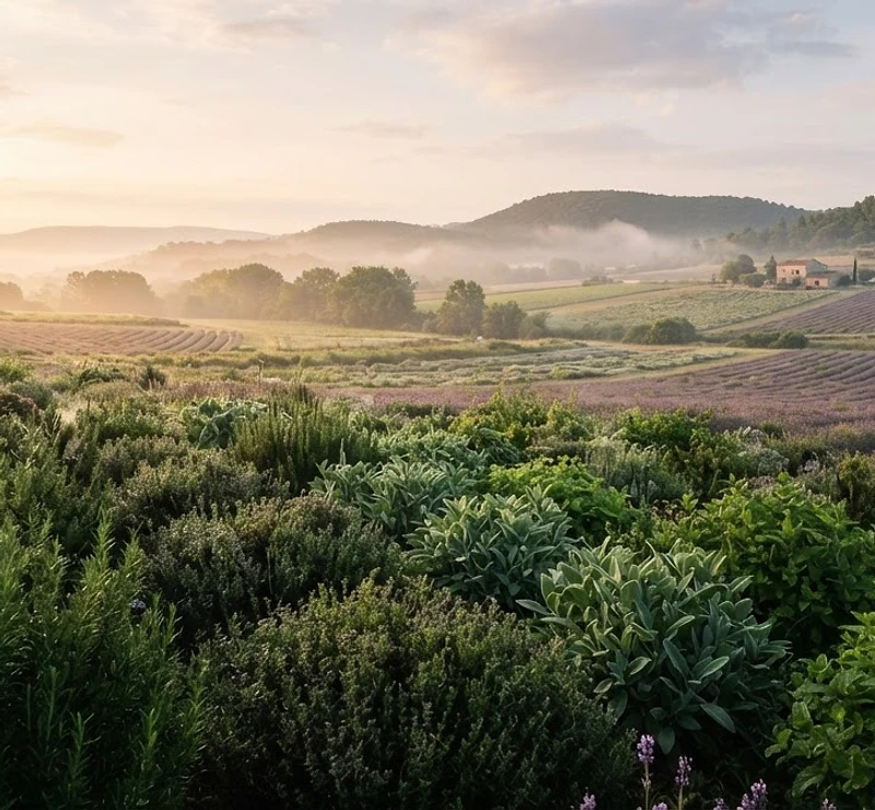 Cultures de plantes aromatiques dans un paysage français au petit matin