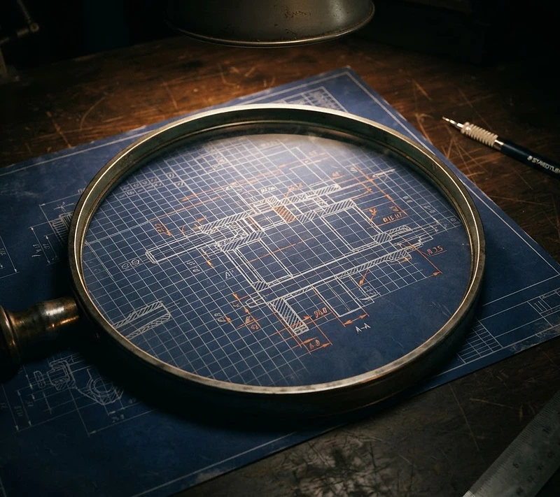Technical blueprint under magnifying glass