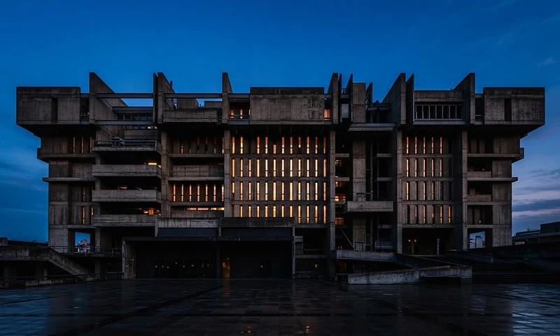 Brutalist architecture facade at dusk