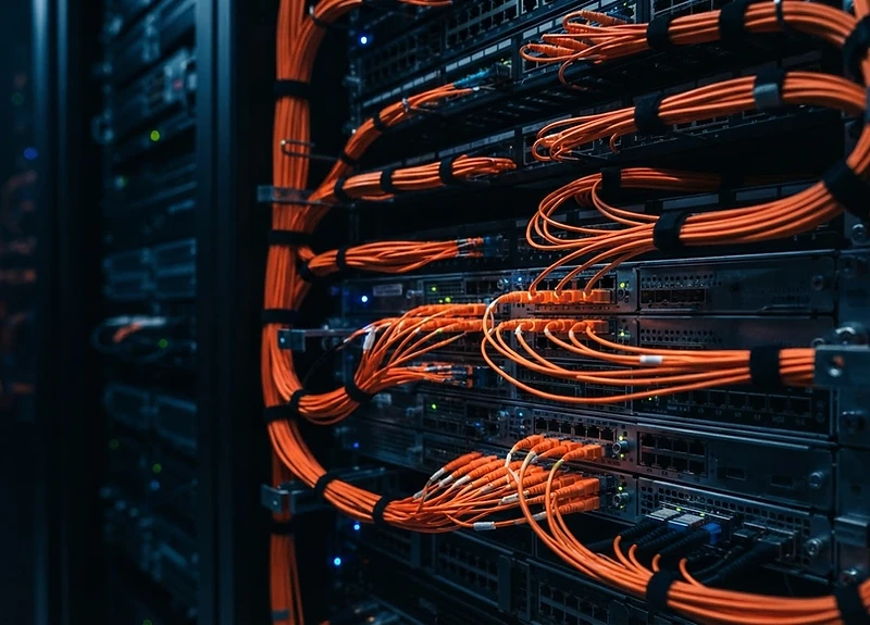 High-end server rack with orange fiber-optic cables