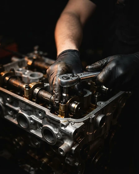 Expert mechanic hands calibrating an engine component
