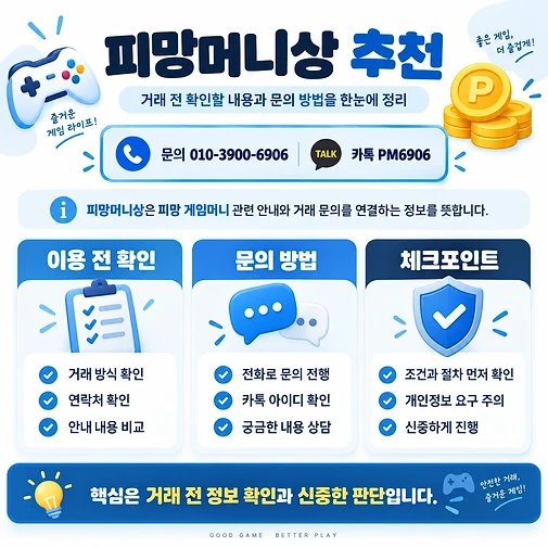 피망머니상 추천 안내 - 이용 전 확인, 문의 방법, 체크포인트 3가지 항목과 문의 연락처 010-3900-6906 및 카톡 PM6906을 안내하는 인포그래픽