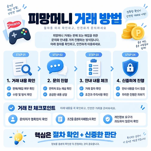 피망머니 거래 방법 안내 - 거래 내용 확인, 문의 진행, 안내 내용 체크, 신중하게 진행 4단계 절차와 거래 전 체크포인트를 한눈에 보여주는 인포그래픽