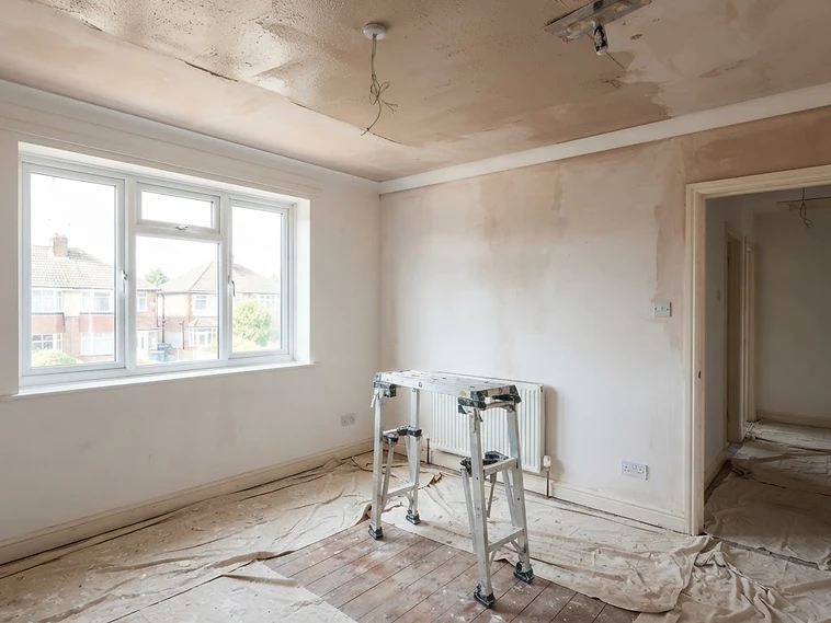 Interior ceiling being plastered in an empty room