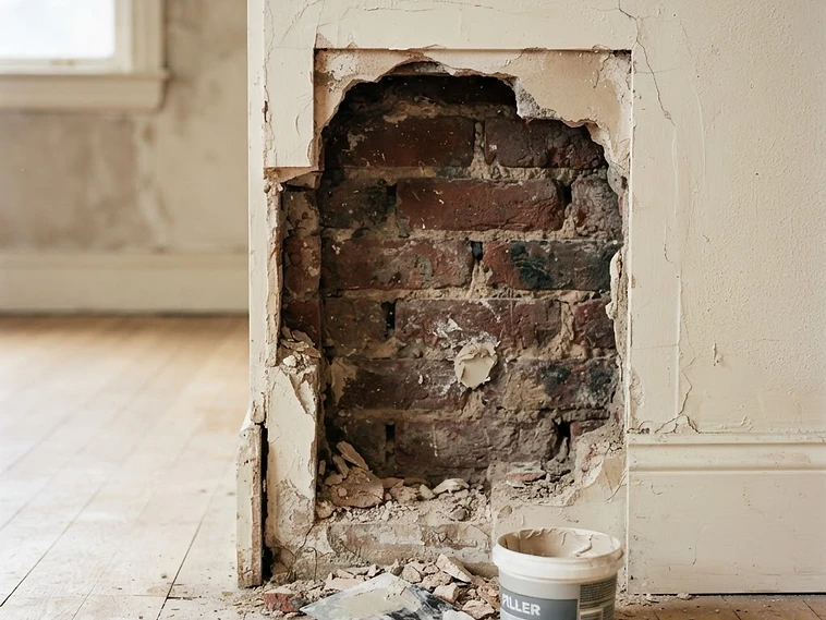 Damaged plaster cut back ready for repair