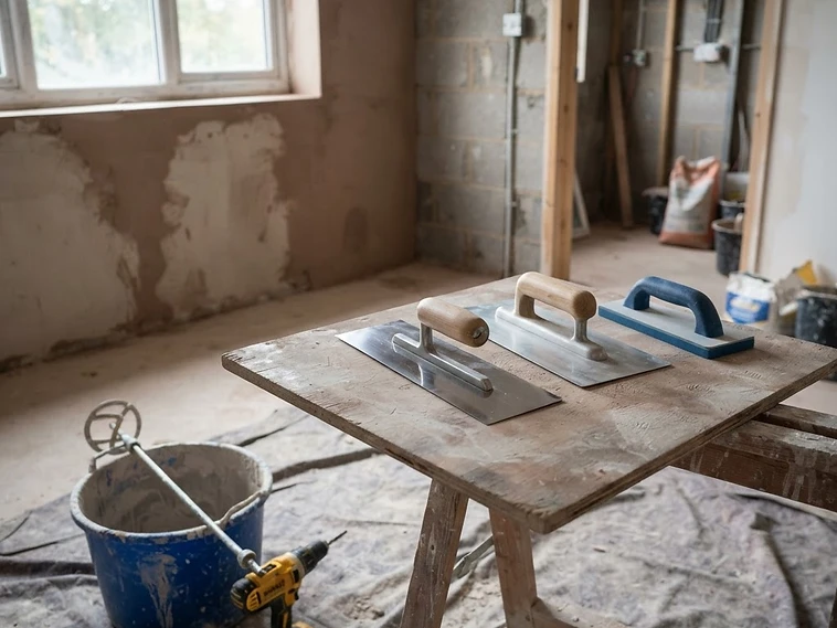 Plastering tools laid out in a room being renovated