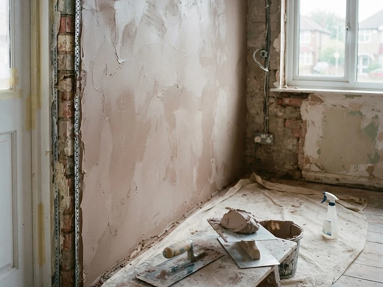 Freshly plastered internal wall in a UK home