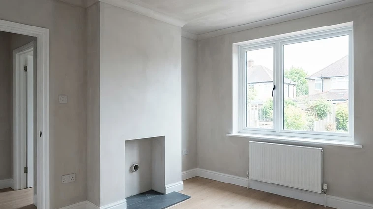 Freshly skimmed living room with smooth white walls and ceiling
