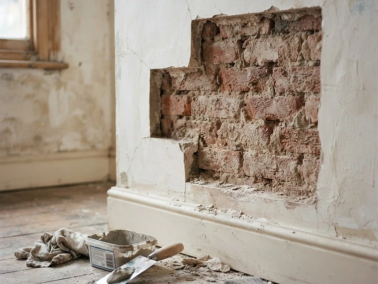 Damaged plaster cut back ready for repair