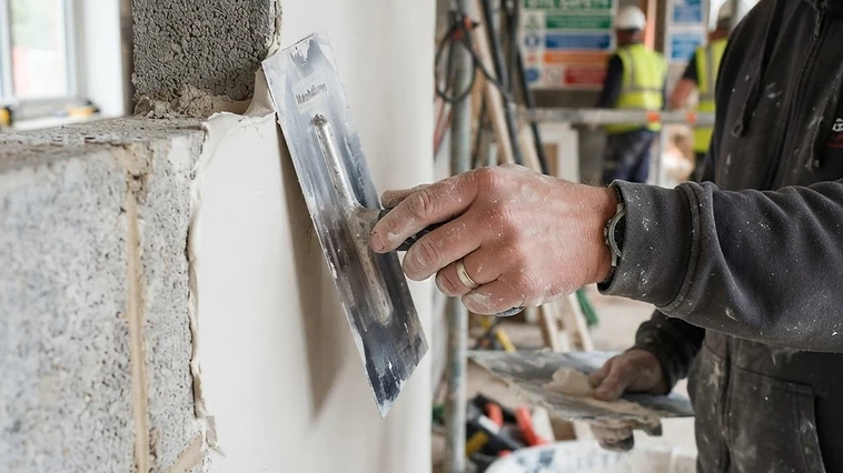 Plaster repair work on a cracked wall with trowel application