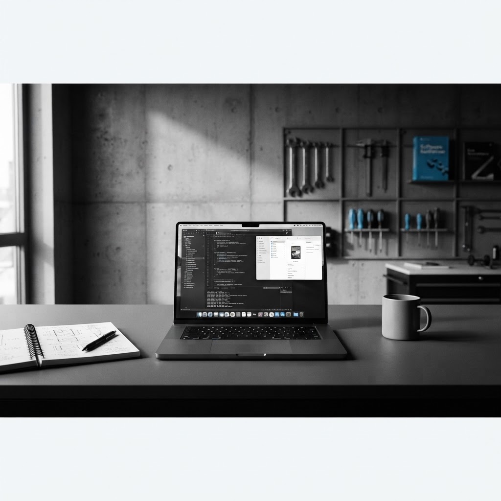 minimal workspace with a laptop and notebook