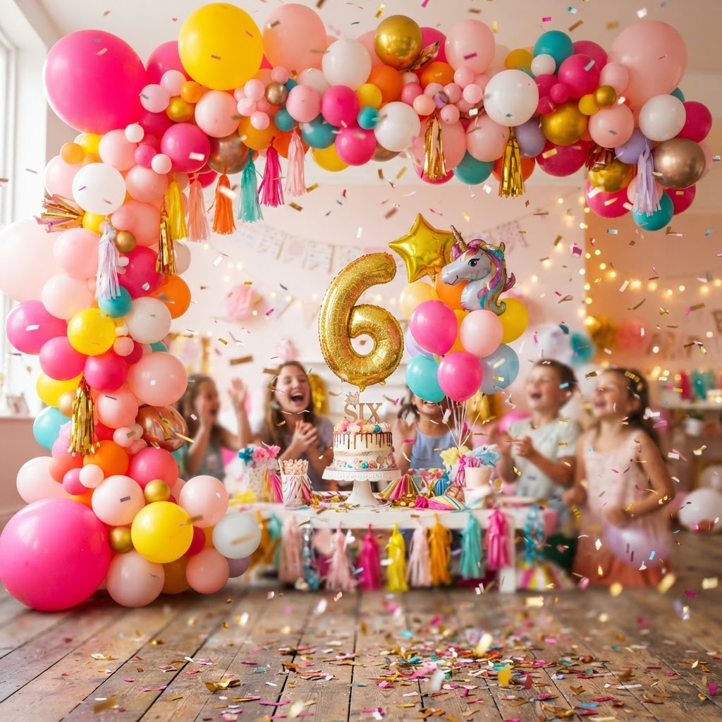 colorful birthday balloons and confetti background