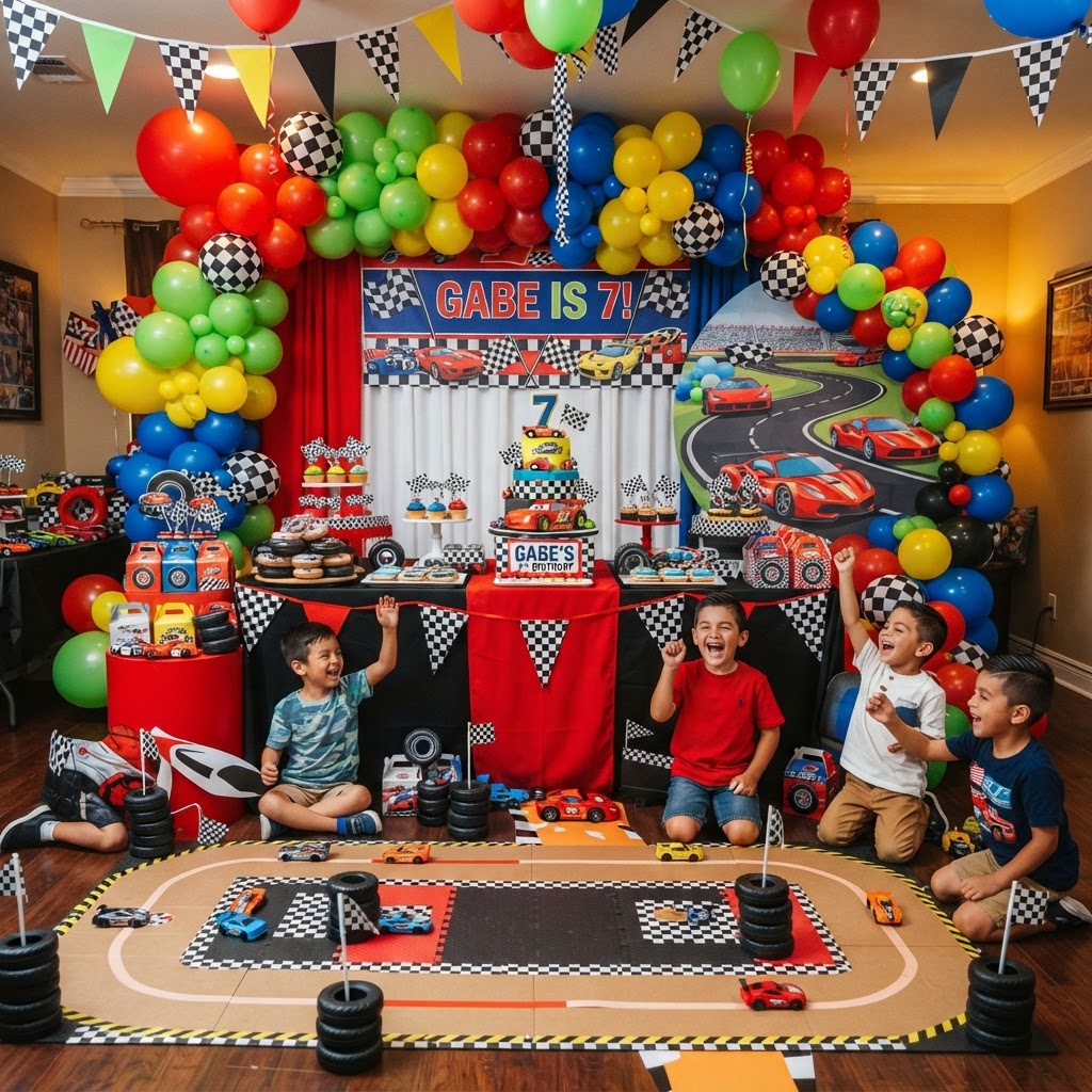 colorful fast car and race track theme party decorations