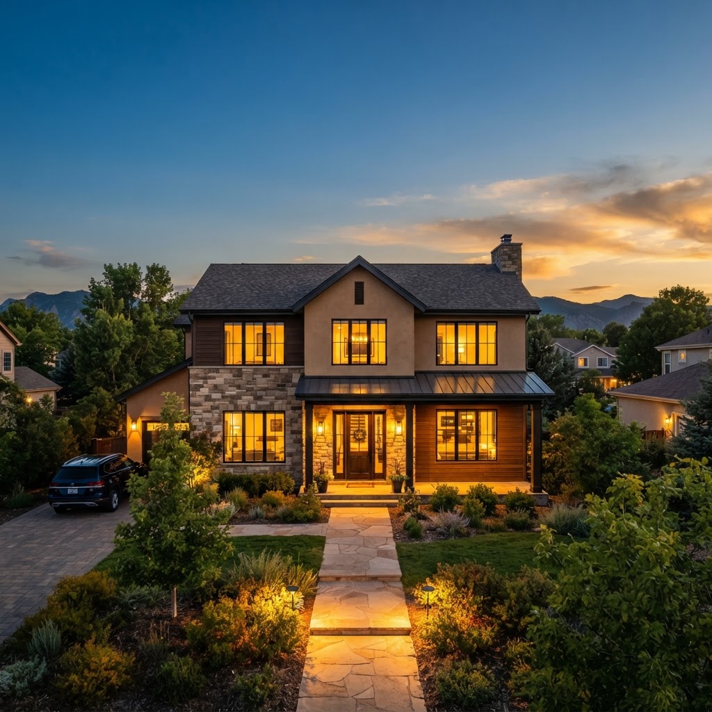 modern Denver suburban home with warm sunset lighting