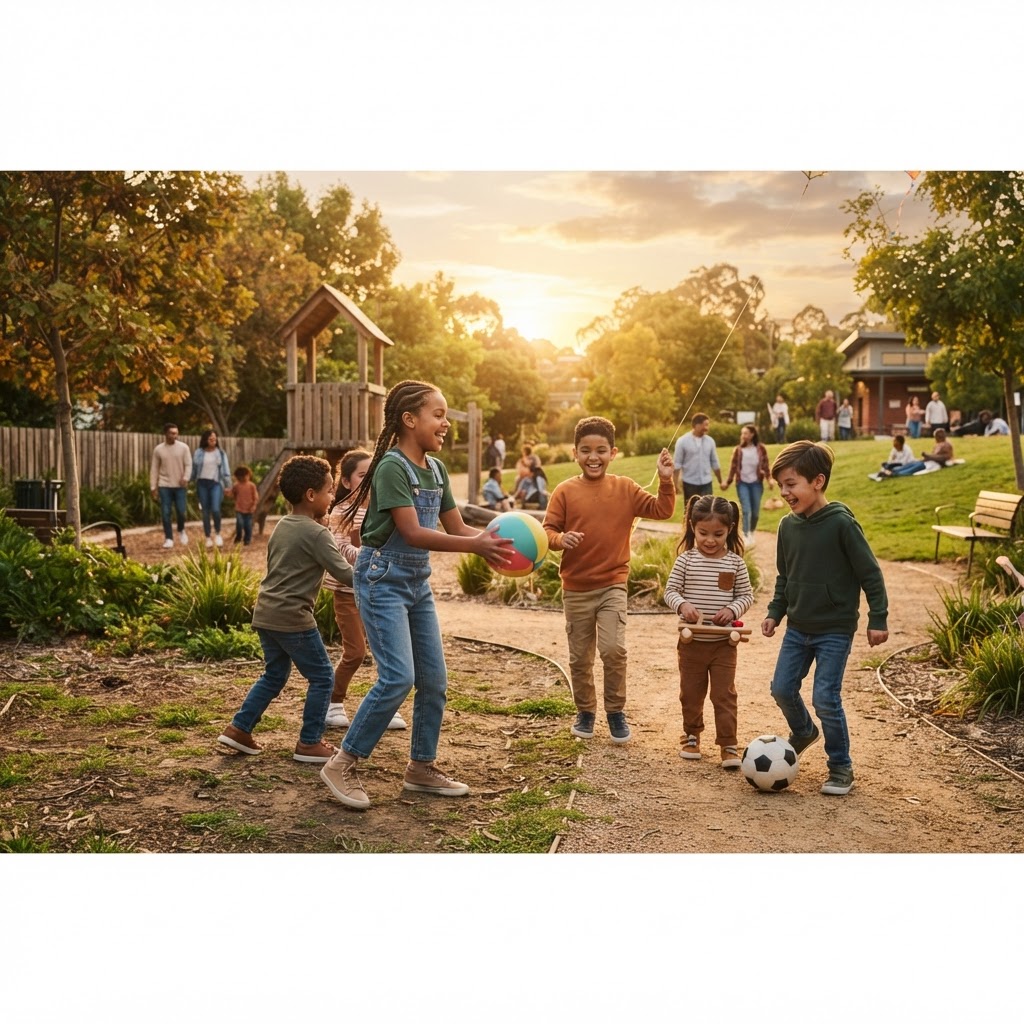 children playing in a park, warm sunset lighting