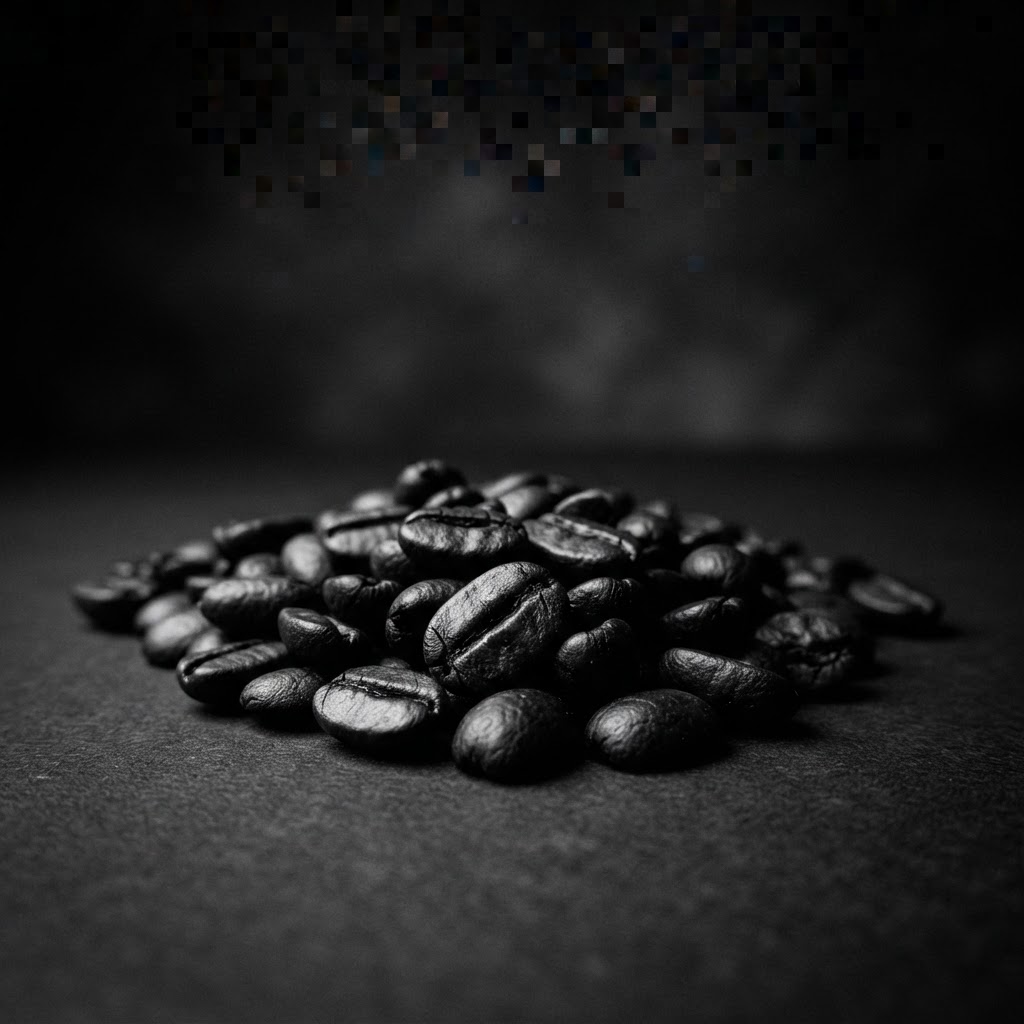 aesthetic macro shot of dark roasted coffee beans in shadows, espresso theme