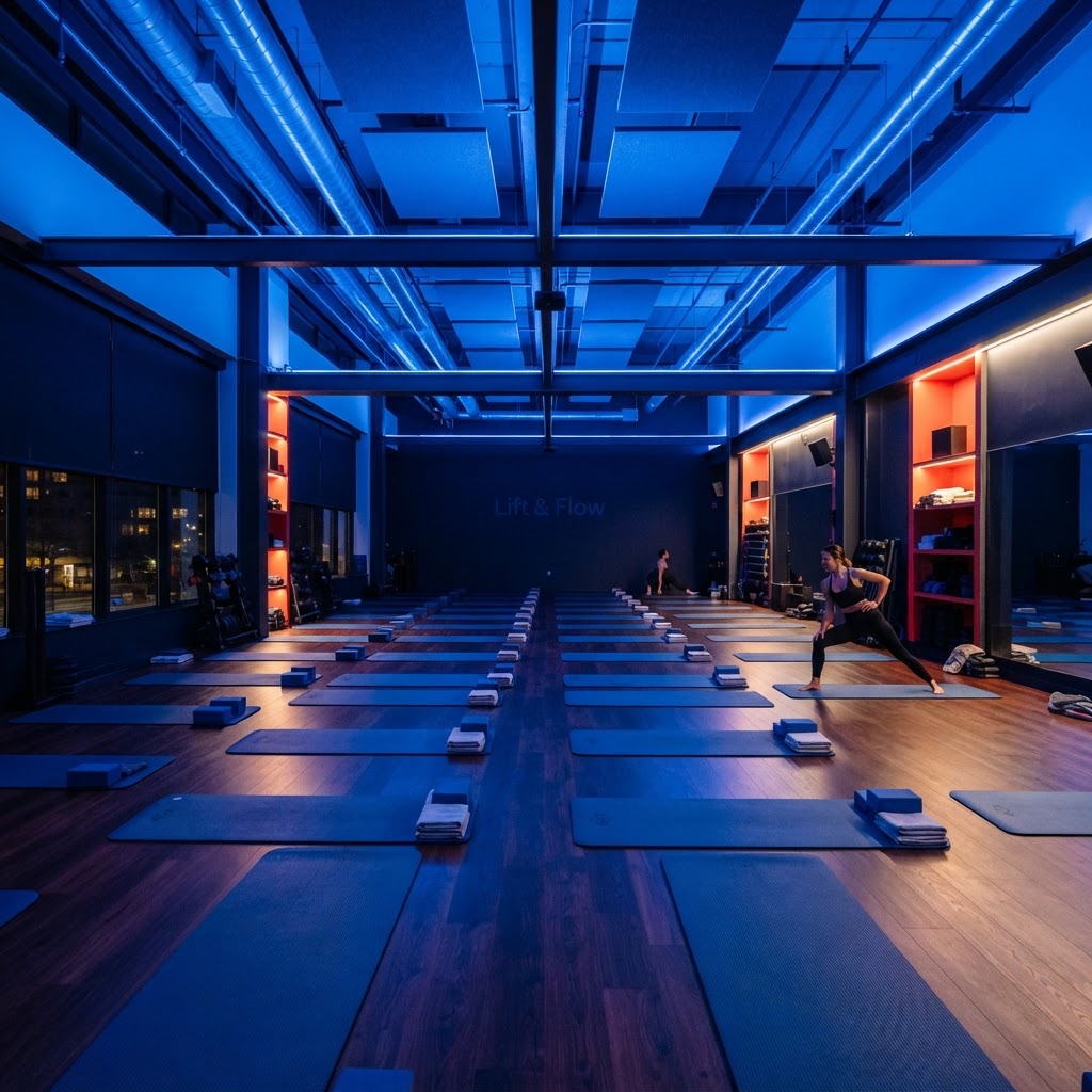 modern gym interior with blue lighting and yoga mats