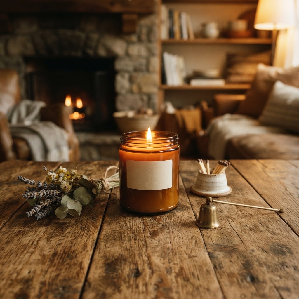 warm amber soy candle on a rustic wooden table